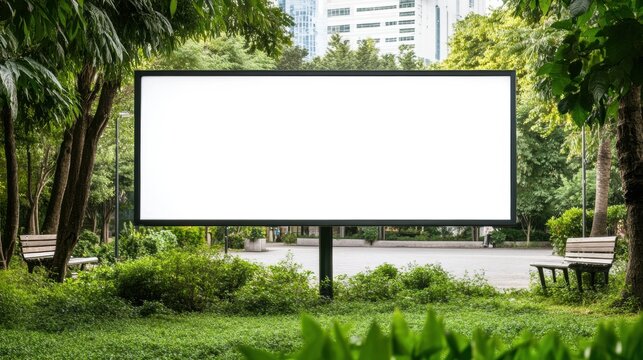 Blank billboard in a lush park setting invites creative advertising opportunities, AI