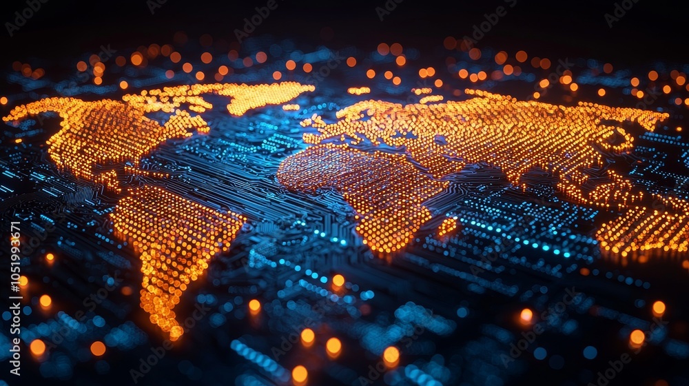 Poster With a polygon world map with a peer-to-peer blockchain network on blue background. This map is highly detailed with detailed borders in blue.