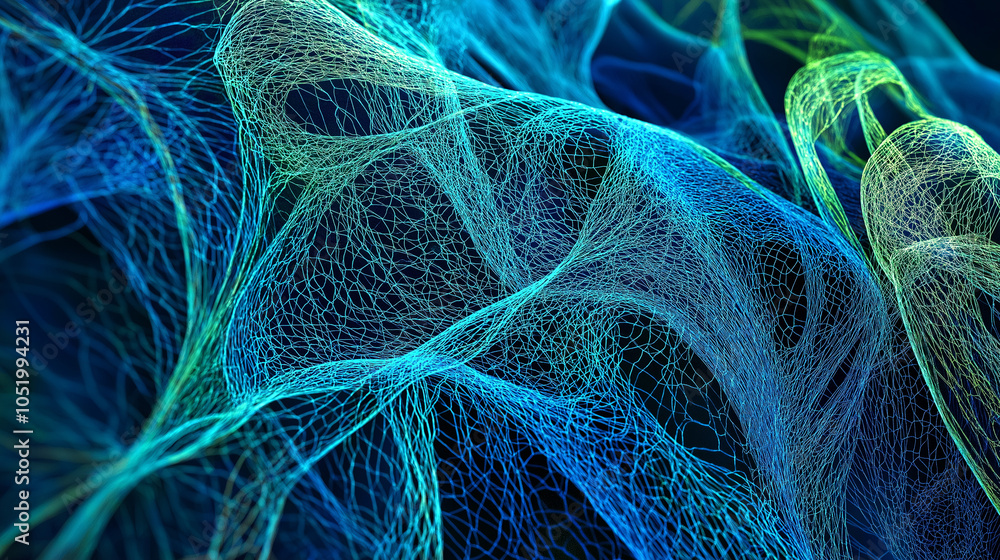Poster abstract network of blue and green interconnected lines forming a web-like structure, symbolizing co