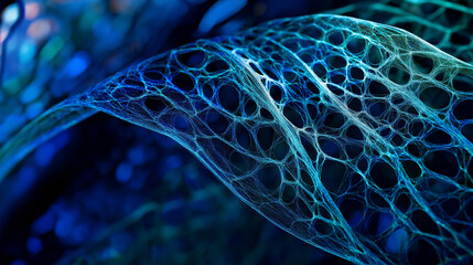 Abstract network of blue and green interconnected lines forming a web-like structure, symbolizing connectivity.