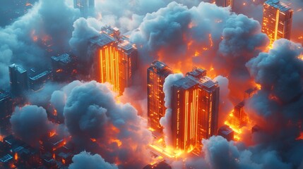 Obraz premium 3D Render of Cyberpunk Cloud Storage Concept Over Modern City. AI generated illustration