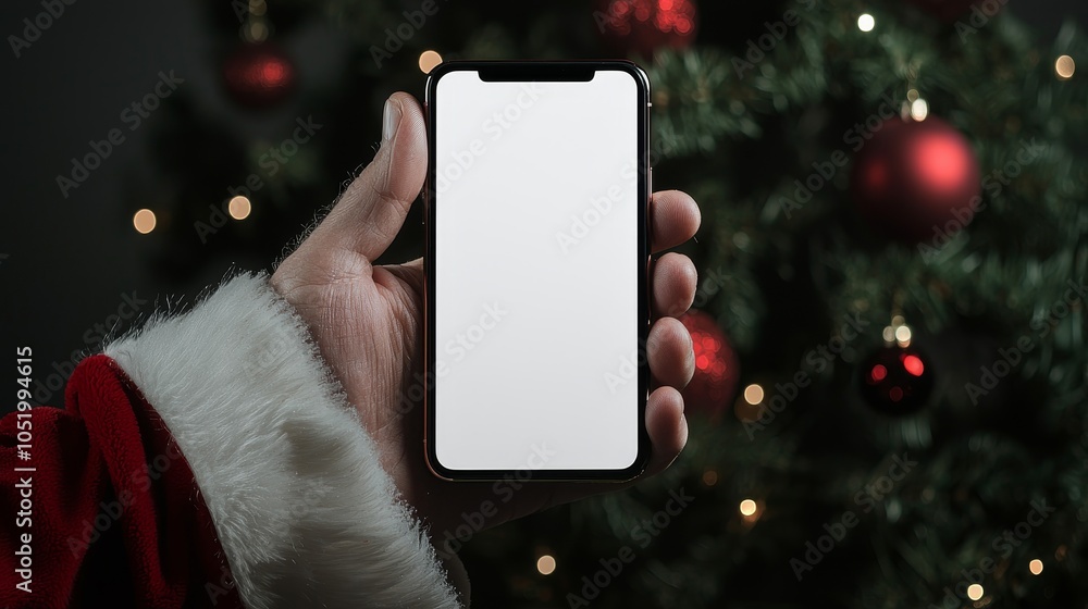 Poster happy new year! santa holds a device with a blank screen on the background of a green christmas tree