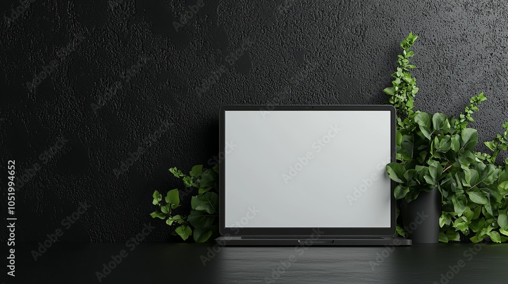 Fototapete it shows a computer on a table in a dark room, surrounded by several large green plants. it represen