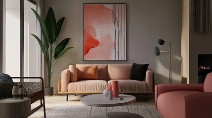 Beautifully designed living room with minimalist decor, abstract art, cozy furniture, and mock-up poster frame