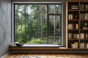 Modern window with bookshelves, forest view, grey wall, window seat for reading, minimalist house, daylight.