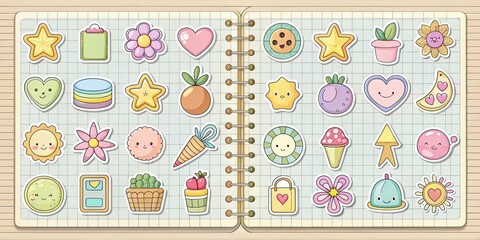 Cute pastel notebook page doodle patch badges stickers background for scrapbooking and crafting projects