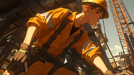 anime man wearing construction worker uniform working in urban area