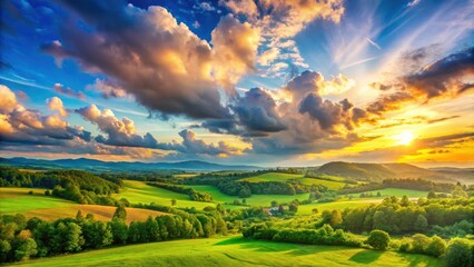 Vibrant panoramic sky with lush green landscape background for nature enthusiasts