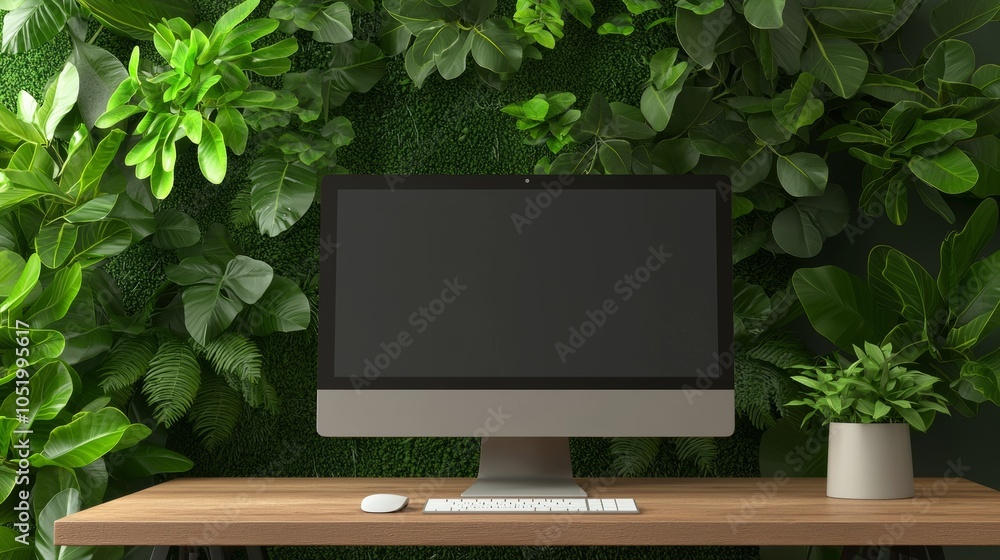 Aufkleber this is a sleek workspace with modern computer, designer lamp, and green plant on wooden desk with a