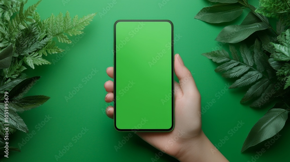 Poster isolated against a green background, this vertical smartphone features a green screen. it could even
