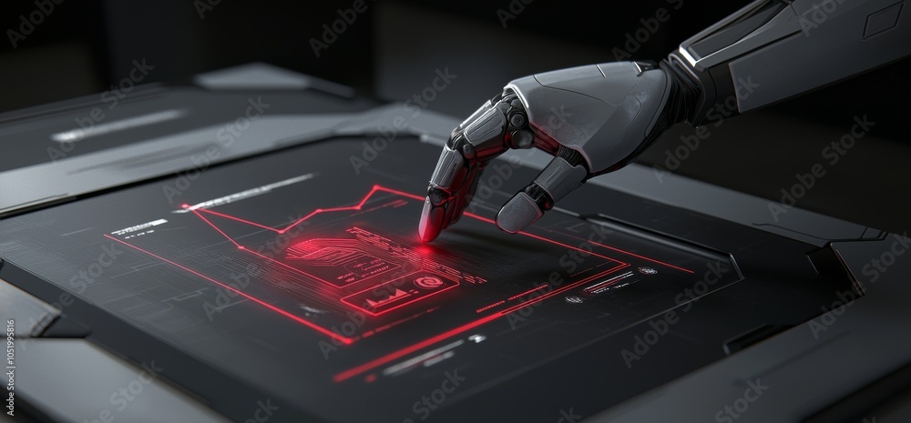 Poster 3d image of a cyborg hand holding an interface for a medical interface hud