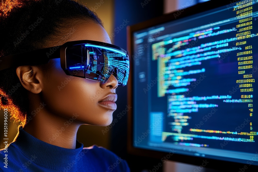 Poster A side view of a female Middle Eastern software engineer writing code in a computer with multiple screens while sitting at a desk with a green apple in the office of a tech company, copy, stock photo