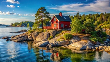 Fototapeta premium Red house on rocky shore with stunning views of Ruissalo Island in Finland