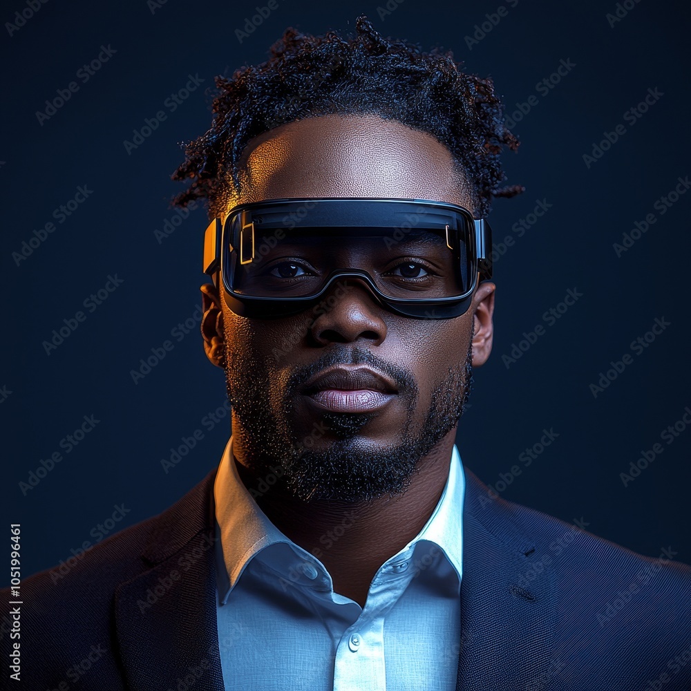 Poster an individual in a suit wearing a virtual reality headset plays around in a digital world.