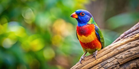 Fototapeta premium Colorful bird with vibrant wings perched on tree trunk in close-up shot for stock photo concept