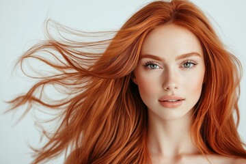 Naklejka premium Portrait of a red-haired woman with flowing hair and freckles, exuding beauty and confidence against a soft background.