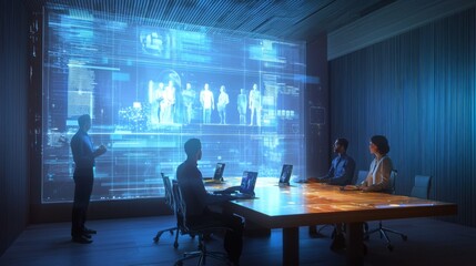 A high-tech conference room where people from around the world participate in holographic meetings