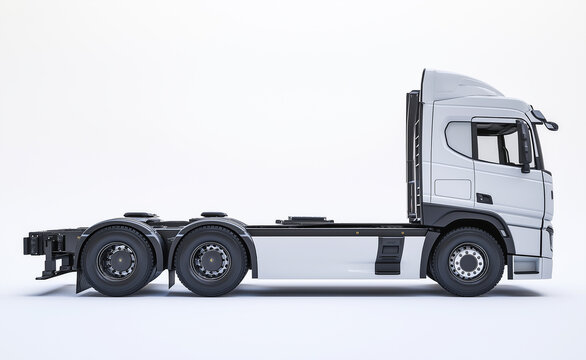Side view of a white truck chassis without a cargo trailer on a clean white background.