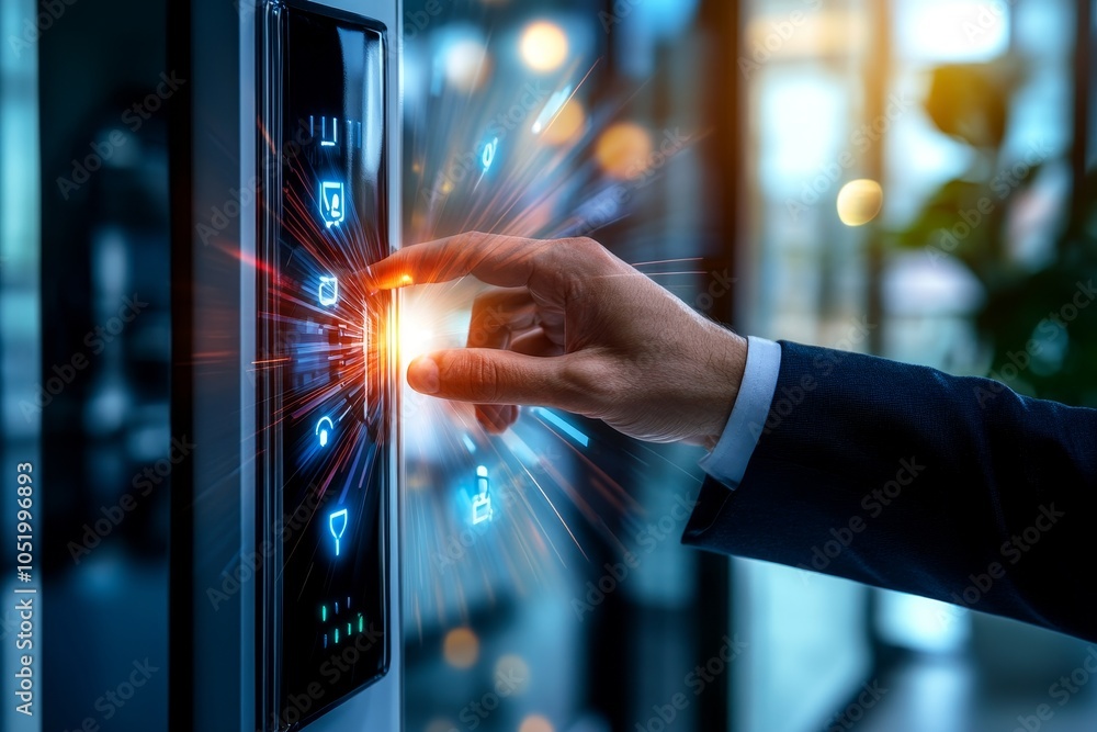 Poster businessman hand entering security code in security system