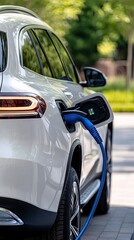 Fototapeta premium An electric vehicle connects to a charging station in sunlight, with vibrant grass and flowers framing the surroundings