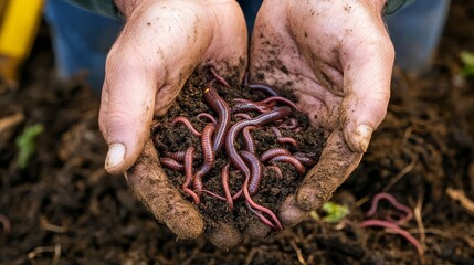 A nurturing touch: hands cradling earthworms in soil.