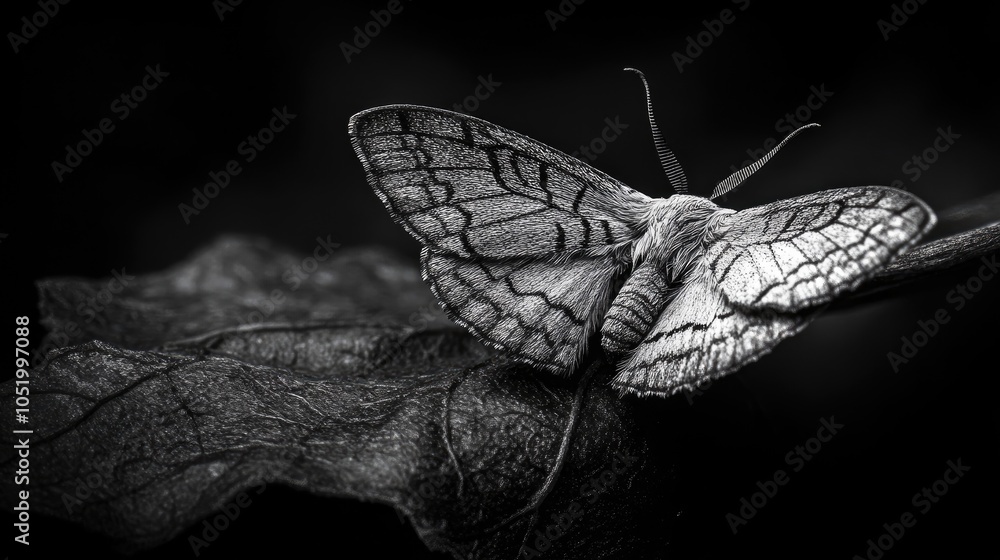 Poster close up monochrome image of a moth resting on a leaf enhanced with bokeh light effects