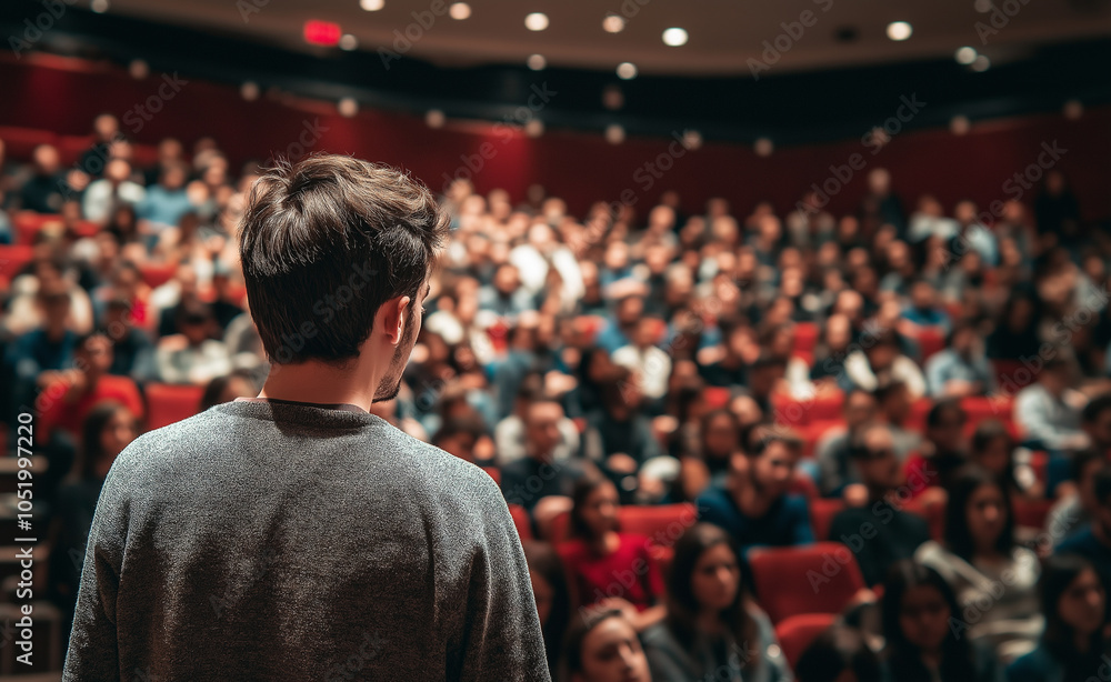 Poster speaker addressing a full audience in a large lecture hall with a focused, engaged crowd.