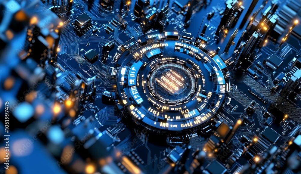 Aufkleber an orange and blue technology background/an orange and blue technology background circuit board and 