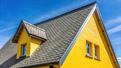 Obraz premium Yellow plaster facade with gray slate shingles in pointed gable on sunny summer day in Wettenberg Krofdorf Gleiberg, Hessen