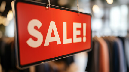 Red &ldquo;SALE&rdquo; sign hanging inside a clothing store with blurred background.