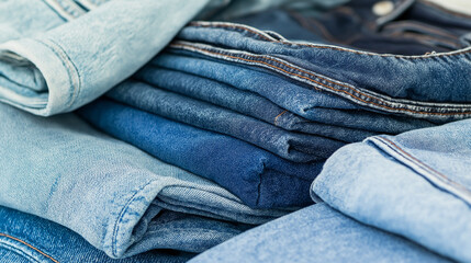 Fototapeta premium Close-up of folded denim jeans stacked in various shades of blue.