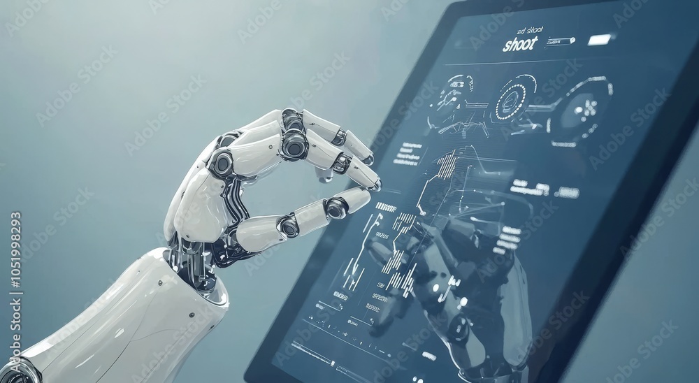 Leinwandbilder This is a robot hand using a virtual screen interface to monitor and control automation robotic arms machine in an intelligent factory industrial with icon' AI. This is a futuristic technology and