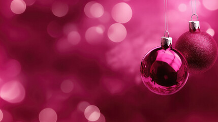Fototapeta premium A pink background with two red Christmas ornaments hanging from it. The background is blurry and the ornaments are shiny