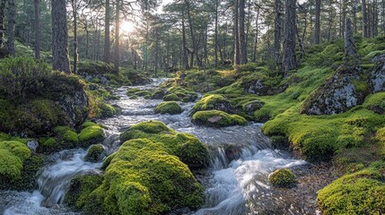 Obraz premium Stream Flowing Through a Lush Green Forest
