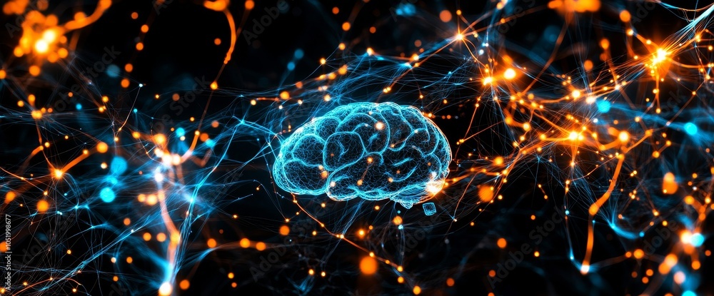 Poster brain concept incorporating bio organisms and high technology to create stock (ai). with copy space.