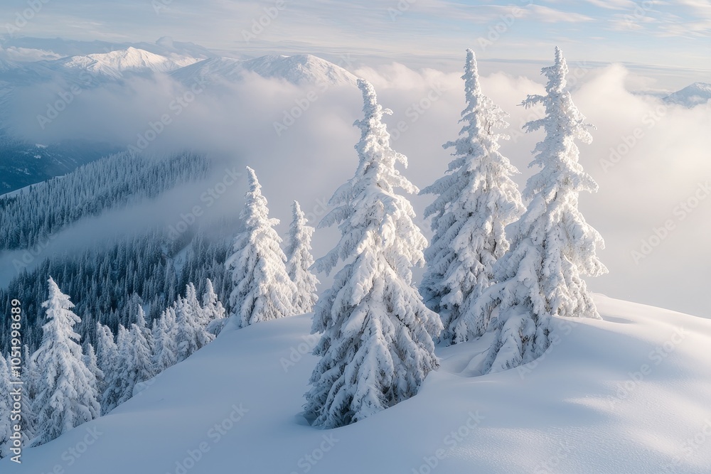 Poster landscape of mountains with snowy paths in the fir forest and glade. carpathians.