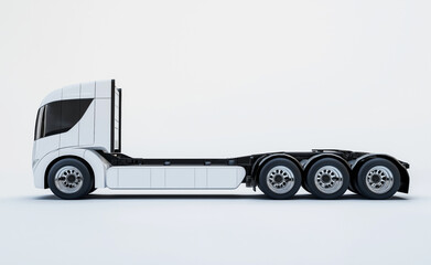 Modern white electric truck chassis with no cargo trailer on a white background.