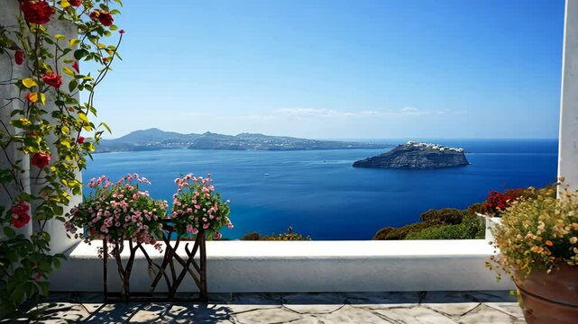 A stunning view of the Aegean Sea from a balcony in Greece on a clear summer day