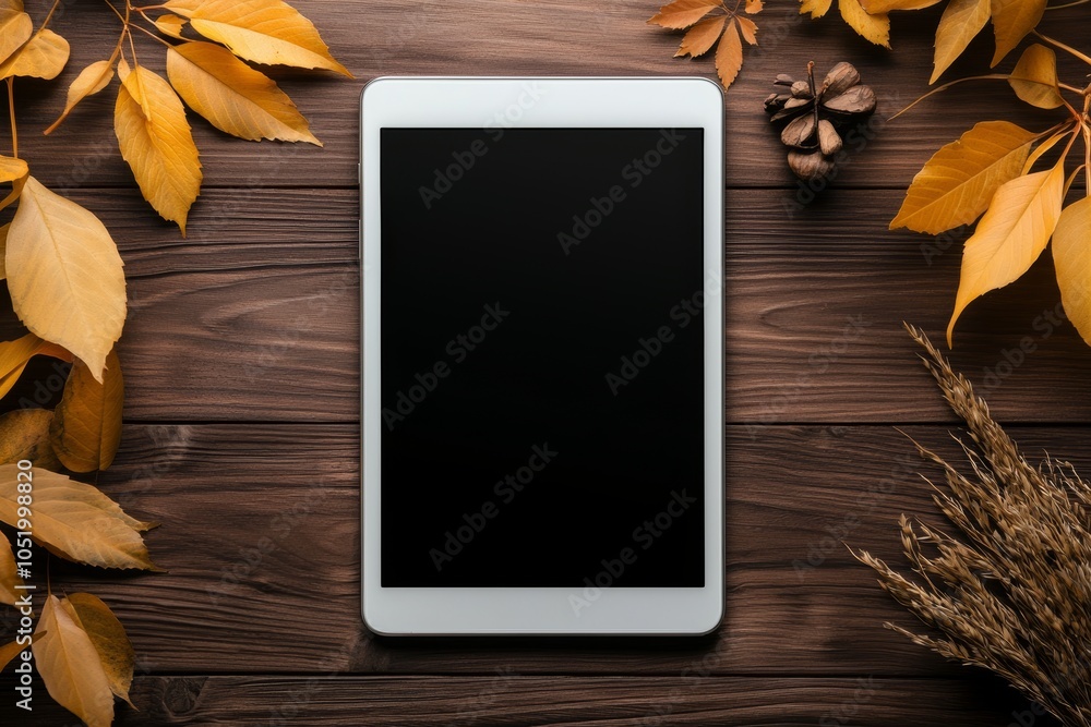 Poster fall mood mock up of tablet with black screen and yellow maple leaves on background.