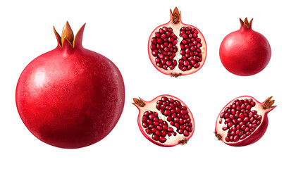 Group of red pomegranates isolate on transparent background, cutout, png