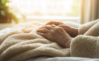 Elderly person&rsquo;s hands resting on a soft blanket with gentle sunlight streaming through.