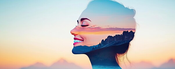 Woman's silhouette filled with tranquil landscape at sunset.