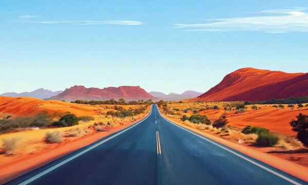 road trip adventure on big road in landscape with big brown rocks illustration