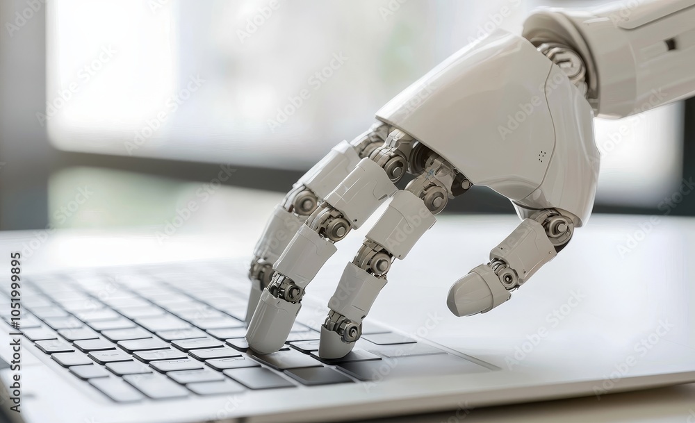 Poster a robotic hand presses a laptop keyboard in 3d
