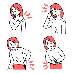 カジュアルな女性の肩こり、頭痛、腰痛、腹痛のセット