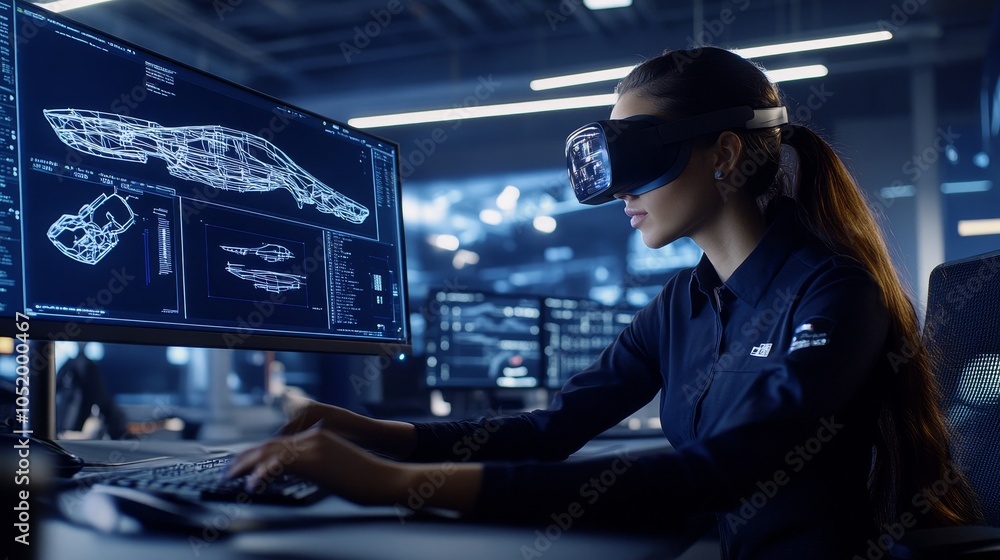 Poster she is wearing a vr headset holding a controller as she uses the technology to develop, prototype, a