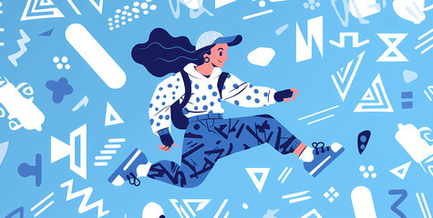 Illustration of young person running through digital gaming landscape in headphones and modern clothing. Energetic and playful design for gaming culture, youth, and digital experiences