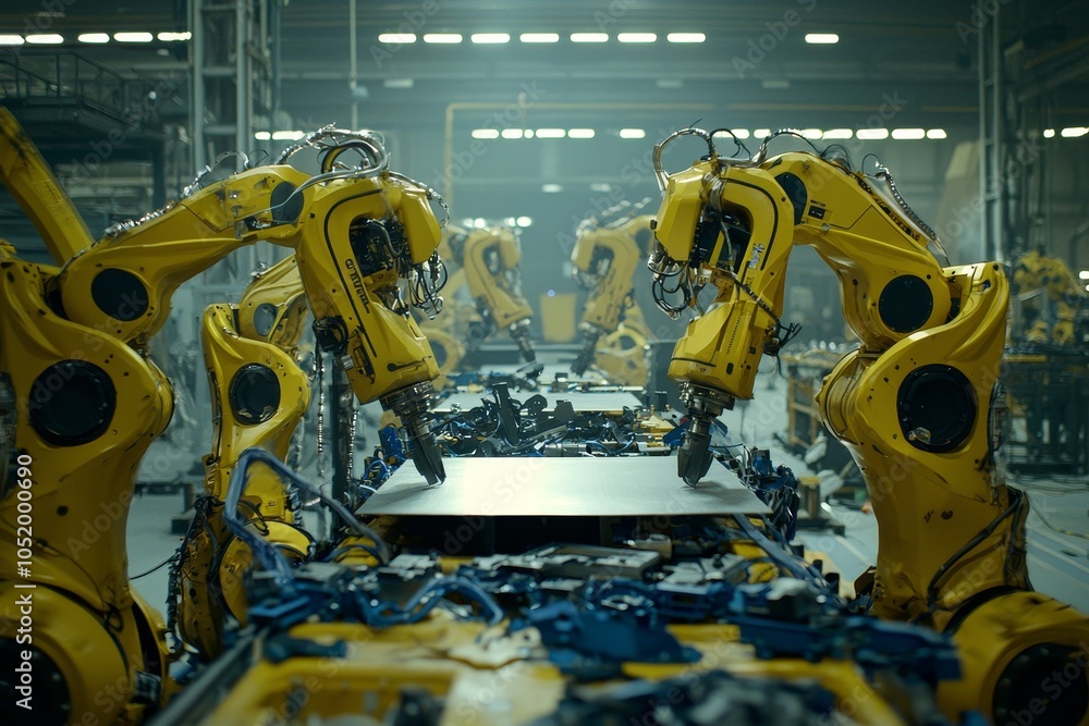 Aufkleber an industrial smart factory 4.0 concept utilizing heavy automation robot arms