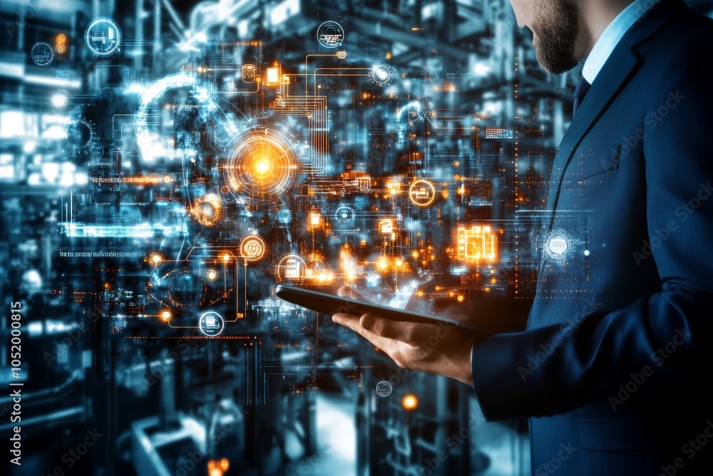 Leinwandbilder Using a smart phone, a businessman controls an automated wireless robot with monitoring system software and icons on the tablet to connect to the industry's network. AI, Stockwelding, Industry4.0