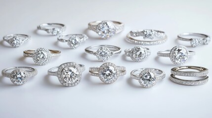A collection of diamond engagement rings on a white surface.